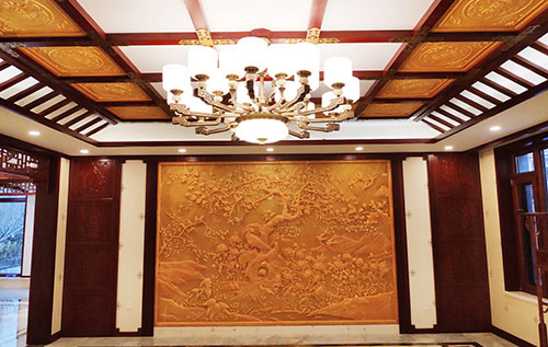 聊城中式别墅客厅中式木作横梁吊顶装饰展示