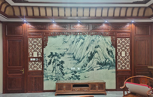 聊城中式仿古别墅客厅背景墙花格木作装饰